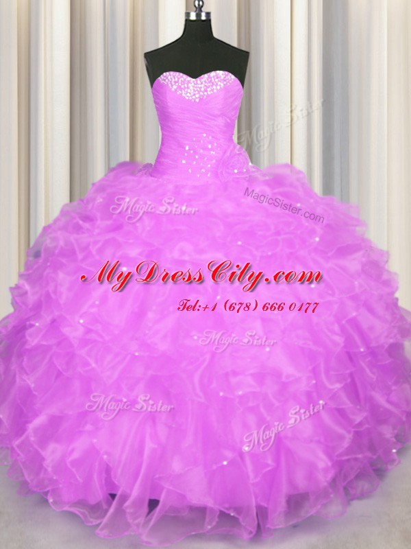 Hot Selling Sleeveless Beading and Ruffles Lace Up Quince Ball Gowns