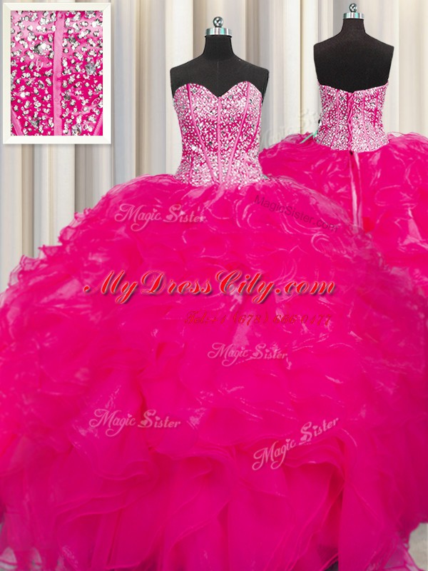 Charming Visible Boning Beaded Bodice Hot Pink Ball Gowns Organza Sweetheart Sleeveless Beading and Ruffles Floor Length Lace Up Sweet 16 Dress