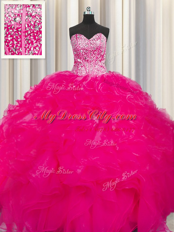 Charming Visible Boning Beaded Bodice Hot Pink Ball Gowns Organza Sweetheart Sleeveless Beading and Ruffles Floor Length Lace Up Sweet 16 Dress