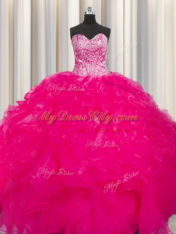 Charming Visible Boning Beaded Bodice Hot Pink Ball Gowns Organza Sweetheart Sleeveless Beading and Ruffles Floor Length Lace Up Sweet 16 Dress