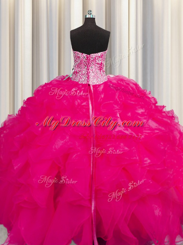 Charming Visible Boning Beaded Bodice Hot Pink Ball Gowns Organza Sweetheart Sleeveless Beading and Ruffles Floor Length Lace Up Sweet 16 Dress