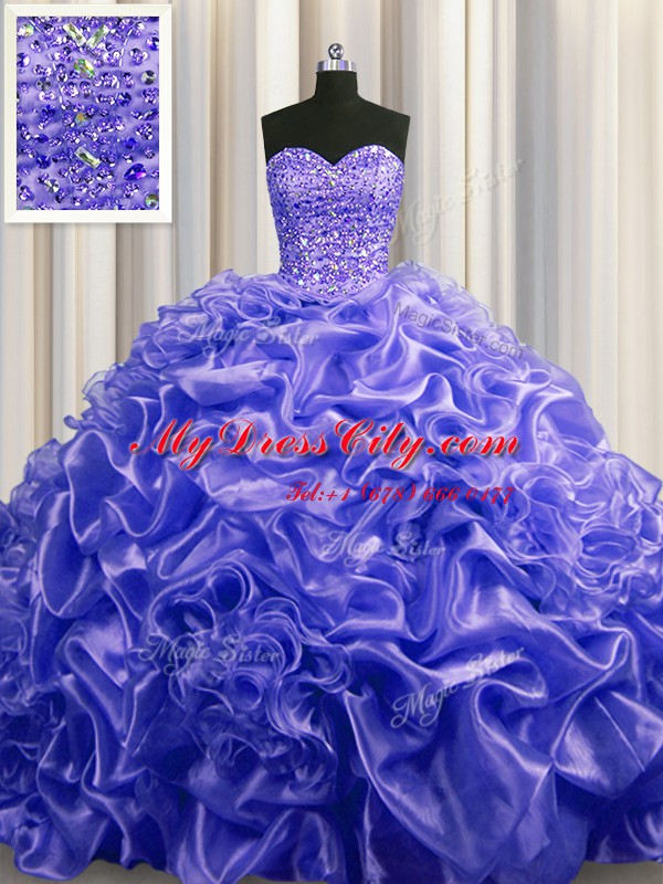 Extravagant Pick Ups Sweetheart Sleeveless Court Train Lace Up Quinceanera Gown Purple Organza