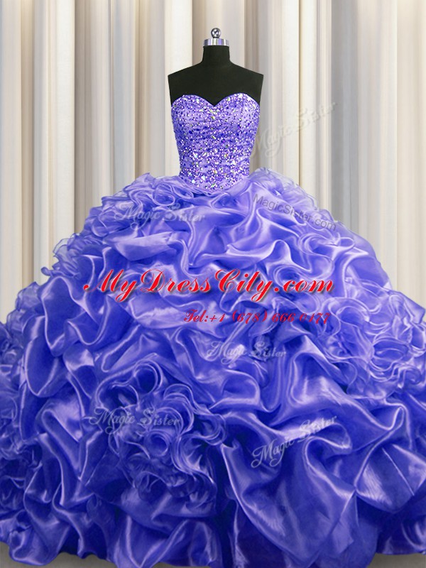 Extravagant Pick Ups Sweetheart Sleeveless Court Train Lace Up Quinceanera Gown Purple Organza