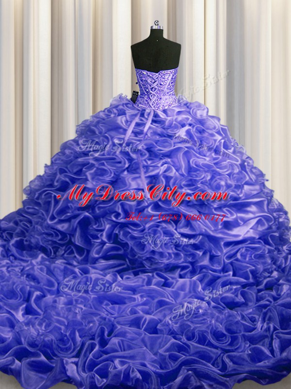 Extravagant Pick Ups Sweetheart Sleeveless Court Train Lace Up Quinceanera Gown Purple Organza