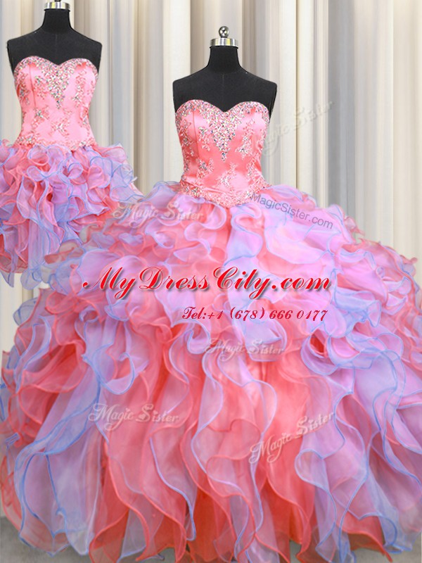 Elegant Three Piece Multi-color 15 Quinceanera Dress Military Ball and Sweet 16 and Quinceanera and For with Beading and Appliques and Ruffles Sweetheart Sleeveless Lace Up