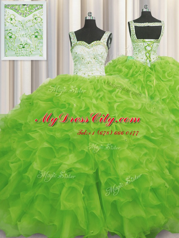 Beading and Ruffles Sweet 16 Dress Yellow Green Lace Up Sleeveless Floor Length