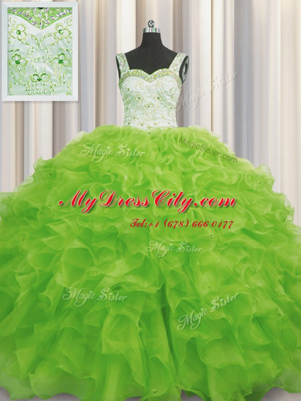 Beading and Ruffles Sweet 16 Dress Yellow Green Lace Up Sleeveless Floor Length