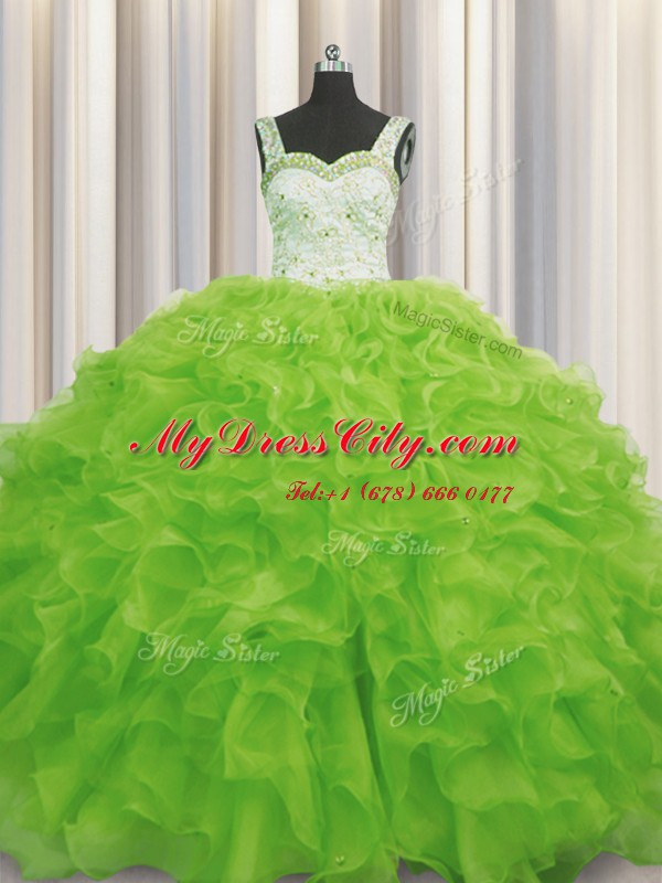 Beading and Ruffles Sweet 16 Dress Yellow Green Lace Up Sleeveless Floor Length