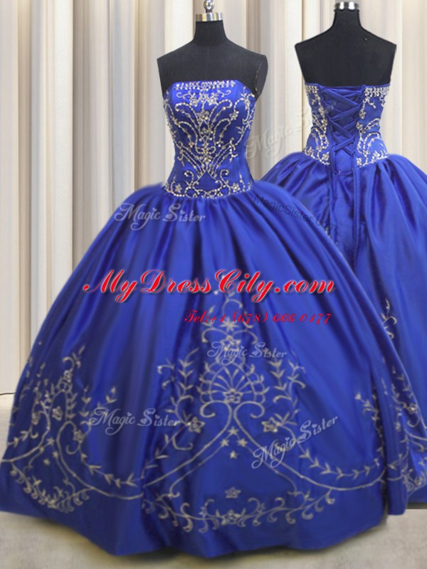 High End Royal Blue Ball Gowns Beading and Embroidery Quinceanera Gowns Lace Up Chiffon Sleeveless Floor Length