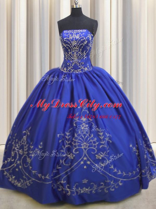 High End Royal Blue Ball Gowns Beading and Embroidery Quinceanera Gowns Lace Up Chiffon Sleeveless Floor Length