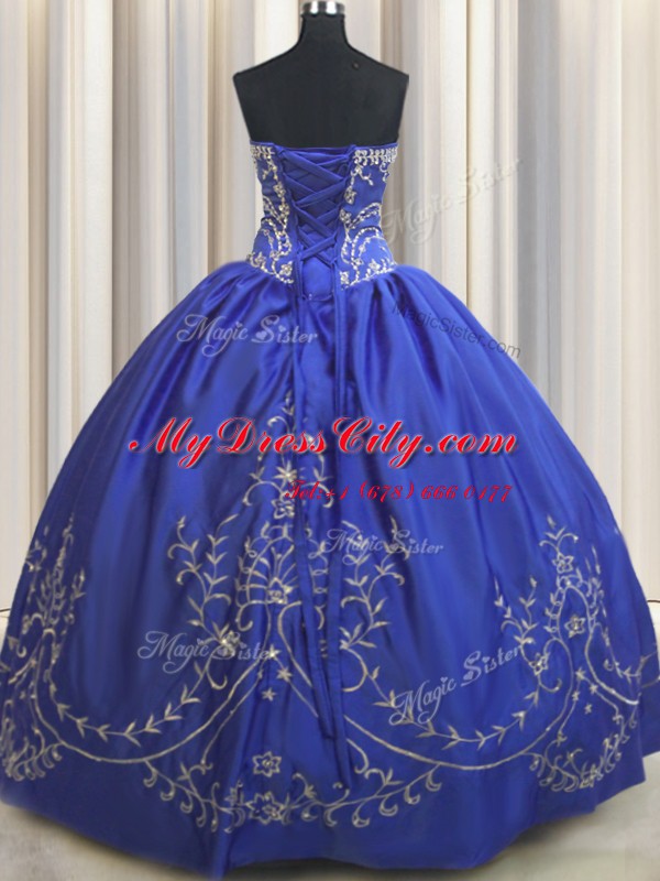 High End Royal Blue Ball Gowns Beading and Embroidery Quinceanera Gowns Lace Up Chiffon Sleeveless Floor Length