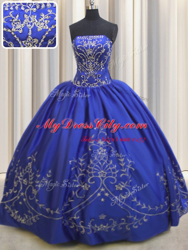 High End Royal Blue Ball Gowns Beading and Embroidery Quinceanera Gowns Lace Up Chiffon Sleeveless Floor Length