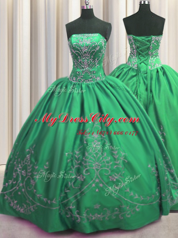 Flirting Green Taffeta Lace Up 15th Birthday Dress Sleeveless Floor Length Beading and Embroidery