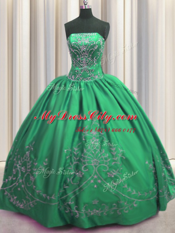 Flirting Green Taffeta Lace Up 15th Birthday Dress Sleeveless Floor Length Beading and Embroidery