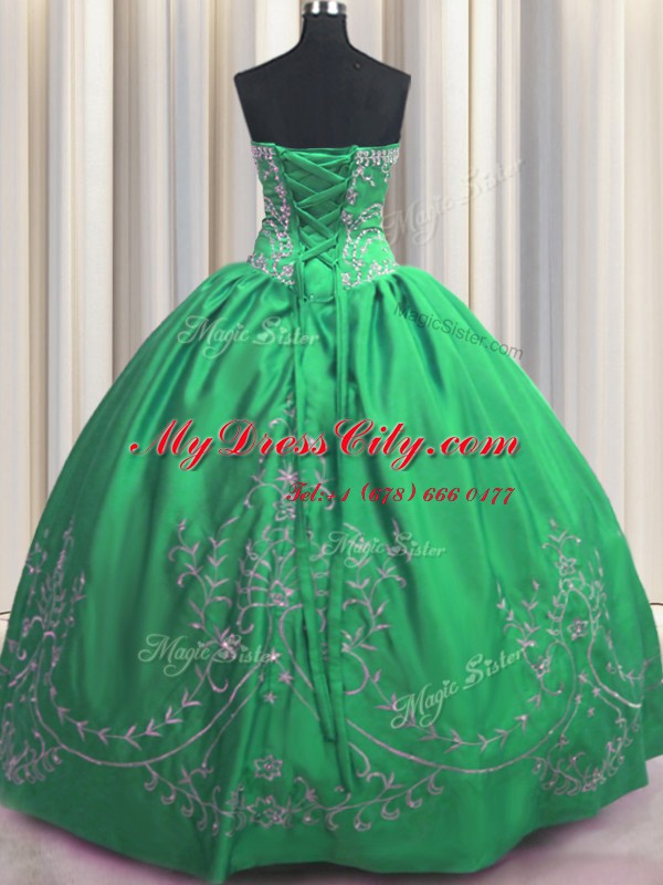 Flirting Green Taffeta Lace Up 15th Birthday Dress Sleeveless Floor Length Beading and Embroidery