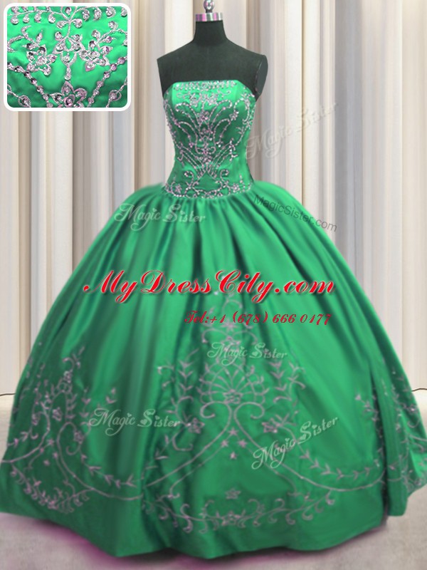 Flirting Green Taffeta Lace Up 15th Birthday Dress Sleeveless Floor Length Beading and Embroidery