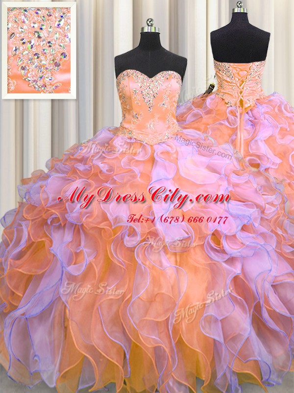 Multi-color Ball Gowns Organza Sweetheart Sleeveless Beading and Appliques and Ruffles Floor Length Lace Up 15th Birthday Dress