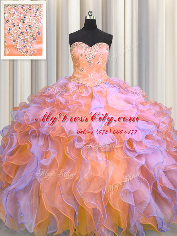 Multi-color Ball Gowns Organza Sweetheart Sleeveless Beading and Appliques and Ruffles Floor Length Lace Up 15th Birthday Dress