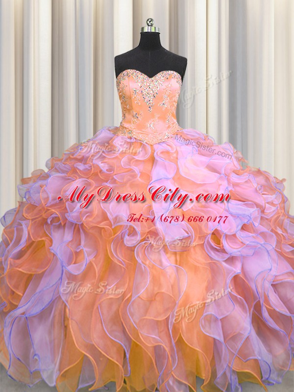 Multi-color Ball Gowns Organza Sweetheart Sleeveless Beading and Appliques and Ruffles Floor Length Lace Up 15th Birthday Dress