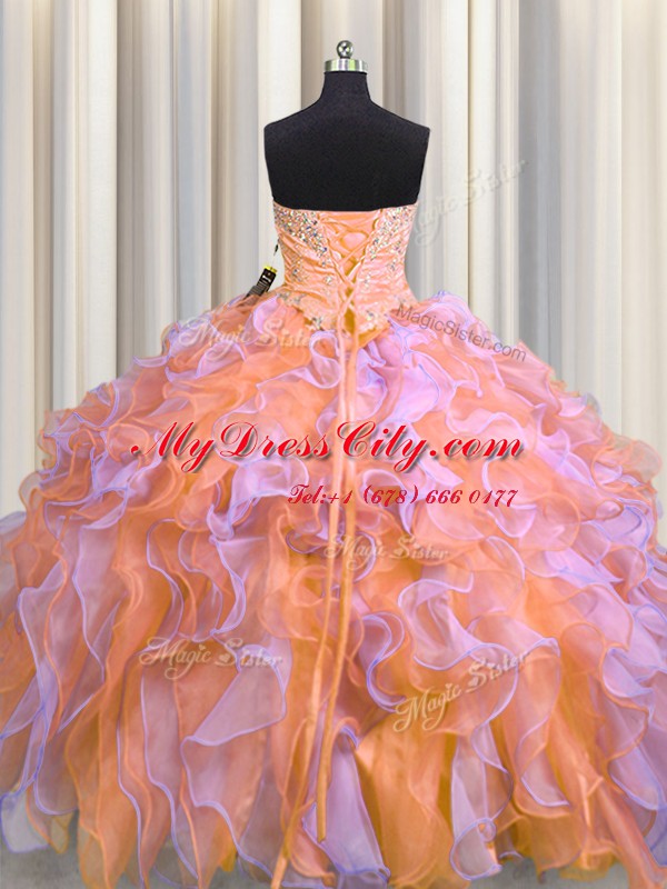 Multi-color Ball Gowns Organza Sweetheart Sleeveless Beading and Appliques and Ruffles Floor Length Lace Up 15th Birthday Dress