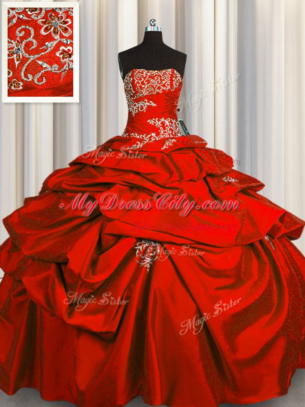 Exceptional Red Ball Gowns Appliques and Pick Ups Sweet 16 Dresses Lace Up Taffeta Sleeveless Floor Length