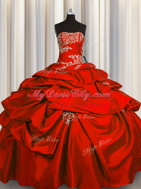 Exceptional Red Ball Gowns Appliques and Pick Ups Sweet 16 Dresses Lace Up Taffeta Sleeveless Floor Length