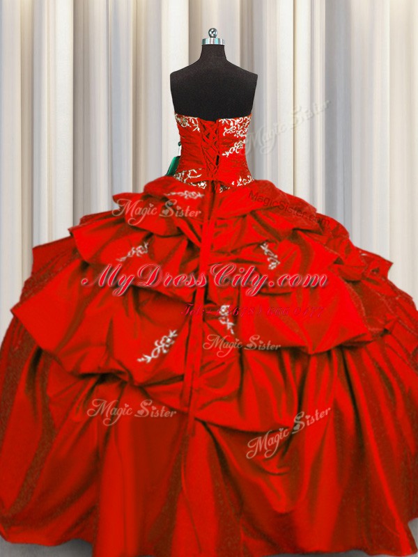 Exceptional Red Ball Gowns Appliques and Pick Ups Sweet 16 Dresses Lace Up Taffeta Sleeveless Floor Length