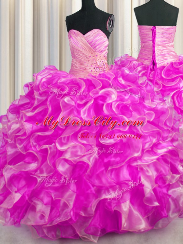 Rose Pink Ball Gowns Sweetheart Sleeveless Organza Floor Length Lace Up Beading and Ruffles 15 Quinceanera Dress