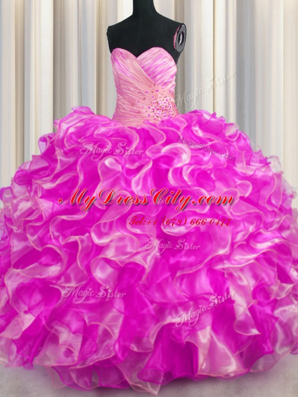 Rose Pink Ball Gowns Sweetheart Sleeveless Organza Floor Length Lace Up Beading and Ruffles 15 Quinceanera Dress