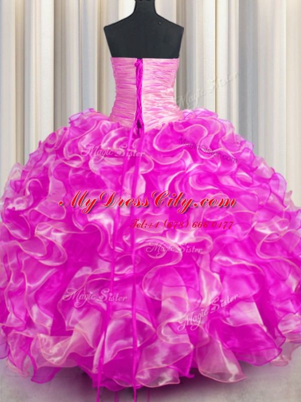 Rose Pink Ball Gowns Sweetheart Sleeveless Organza Floor Length Lace Up Beading and Ruffles 15 Quinceanera Dress