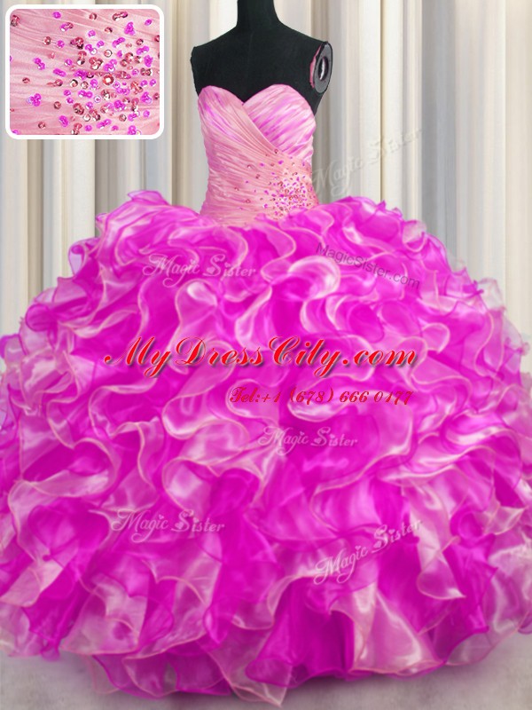 Rose Pink Ball Gowns Sweetheart Sleeveless Organza Floor Length Lace Up Beading and Ruffles 15 Quinceanera Dress