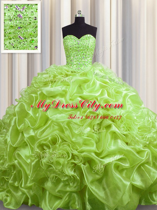 Cute Yellow Green Ball Gowns Sweetheart Sleeveless Organza With Train Court Train Lace Up Beading and Pick Ups Sweet 16 Dress