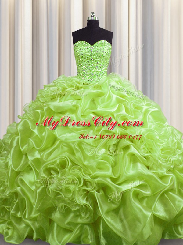 Cute Yellow Green Ball Gowns Sweetheart Sleeveless Organza With Train Court Train Lace Up Beading and Pick Ups Sweet 16 Dress