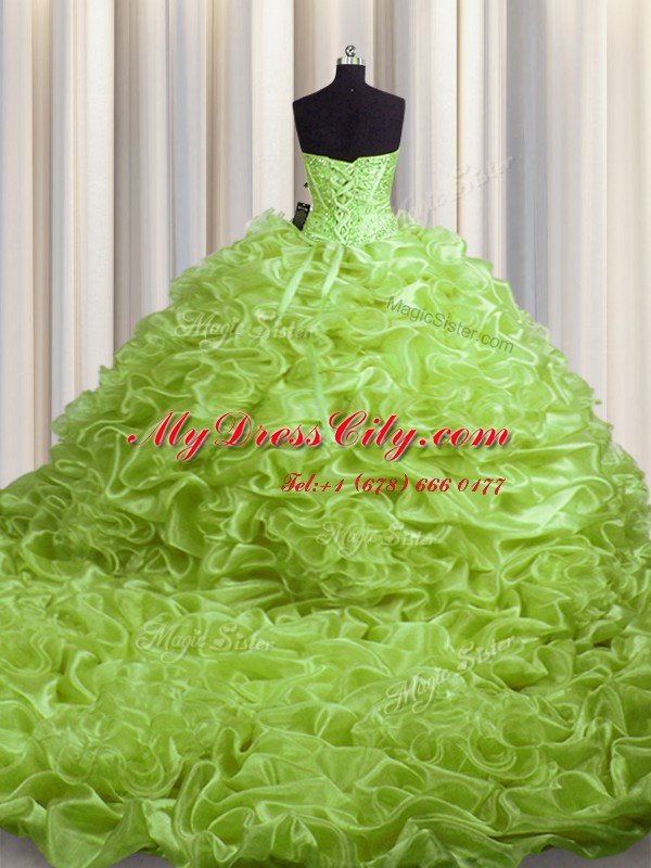 Cute Yellow Green Ball Gowns Sweetheart Sleeveless Organza With Train Court Train Lace Up Beading and Pick Ups Sweet 16 Dress