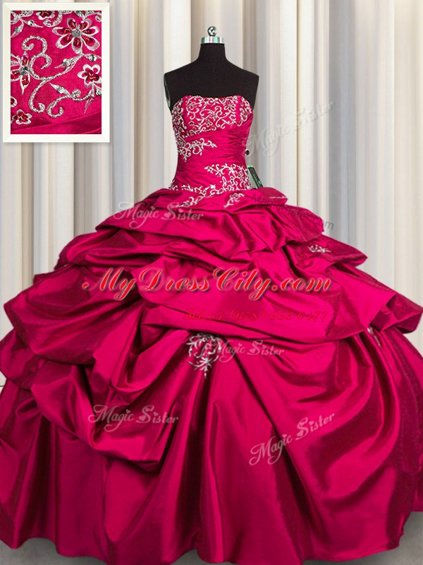 Hot Pink Lace Up Sweet 16 Quinceanera Dress Appliques and Pick Ups Sleeveless Floor Length