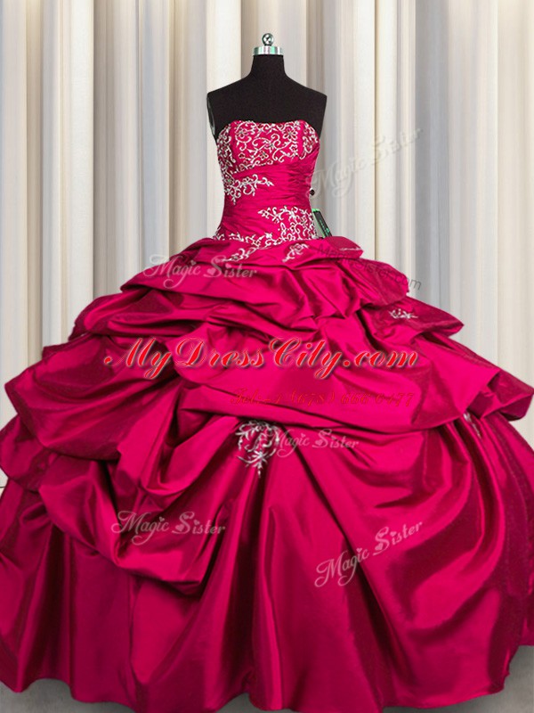 Hot Pink Lace Up Sweet 16 Quinceanera Dress Appliques and Pick Ups Sleeveless Floor Length