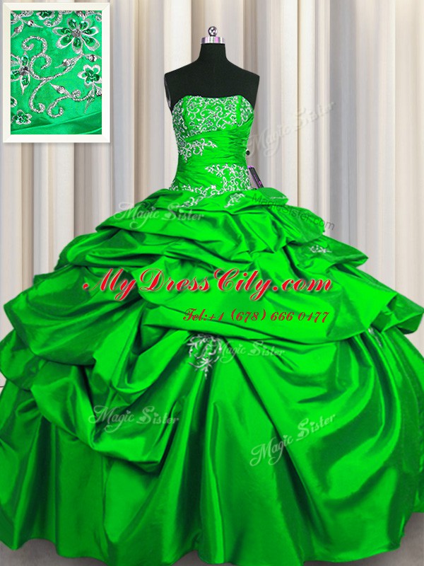 Custom Designed Floor Length Lace Up Quinceanera Gown Green for Military Ball and Sweet 16 and Quinceanera with Appliques and Pick Ups