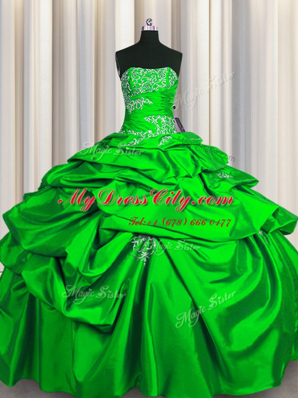 Custom Designed Floor Length Lace Up Quinceanera Gown Green for Military Ball and Sweet 16 and Quinceanera with Appliques and Pick Ups