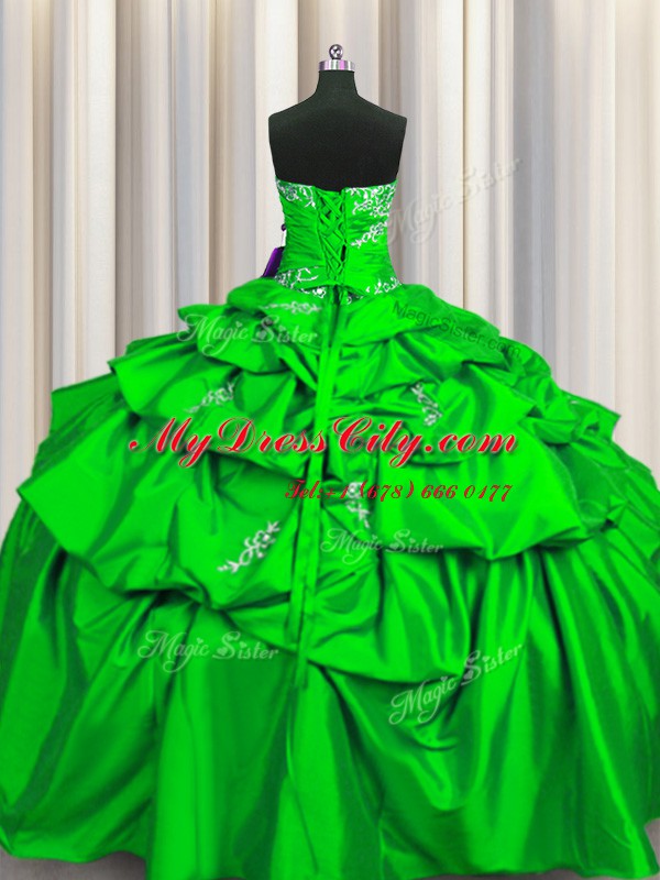 Custom Designed Floor Length Lace Up Quinceanera Gown Green for Military Ball and Sweet 16 and Quinceanera with Appliques and Pick Ups