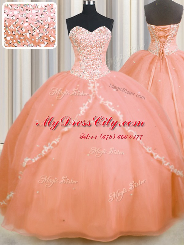 Low Price Peach Lace Up Sweetheart Beading and Appliques Quinceanera Dress Organza Sleeveless Brush Train