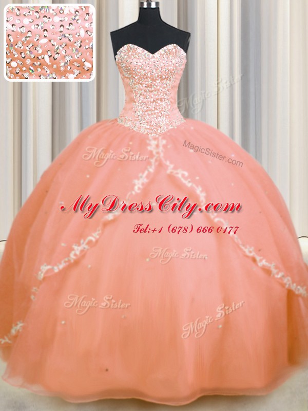 Low Price Peach Lace Up Sweetheart Beading and Appliques Quinceanera Dress Organza Sleeveless Brush Train