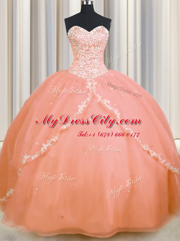 Low Price Peach Lace Up Sweetheart Beading and Appliques Quinceanera Dress Organza Sleeveless Brush Train