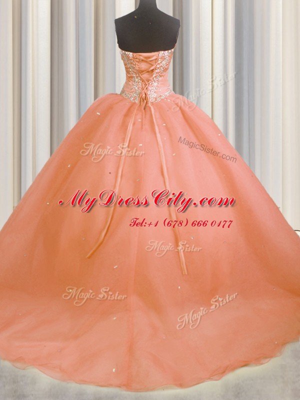 Low Price Peach Lace Up Sweetheart Beading and Appliques Quinceanera Dress Organza Sleeveless Brush Train