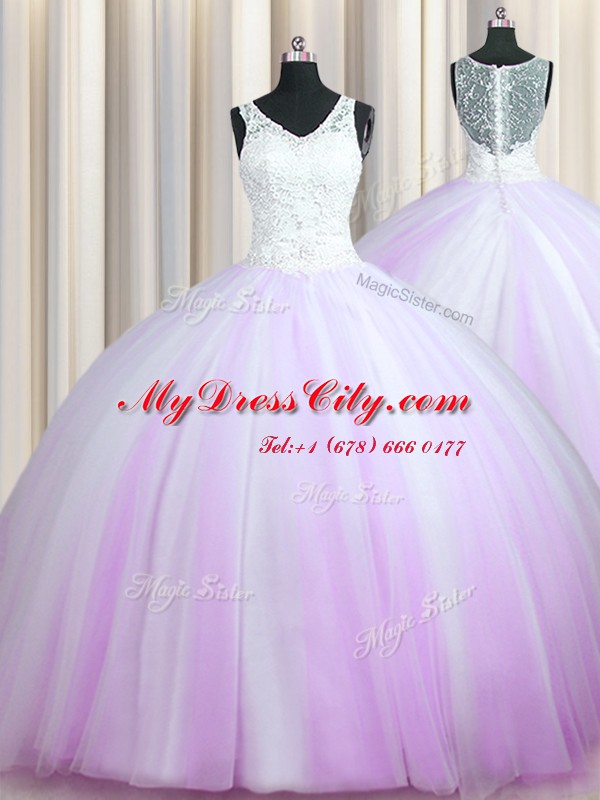 Spectacular Zipper Up Lilac Tulle Zipper Quinceanera Gowns Sleeveless With Brush Train Beading