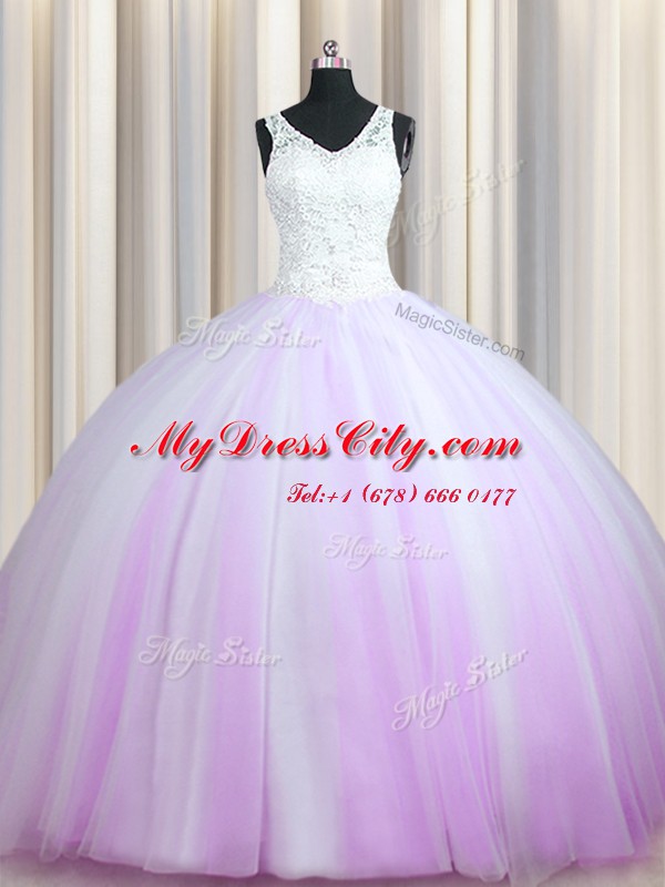 Spectacular Zipper Up Lilac Tulle Zipper Quinceanera Gowns Sleeveless With Brush Train Beading