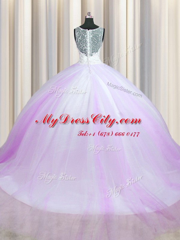 Spectacular Zipper Up Lilac Tulle Zipper Quinceanera Gowns Sleeveless With Brush Train Beading