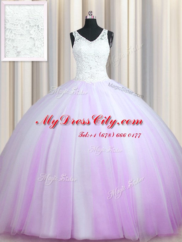 Spectacular Zipper Up Lilac Tulle Zipper Quinceanera Gowns Sleeveless With Brush Train Beading