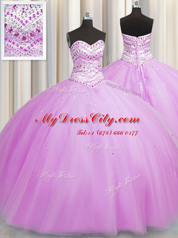 High End Bling-bling Really Puffy Lilac Tulle Lace Up 15 Quinceanera Dress Sleeveless Floor Length Beading