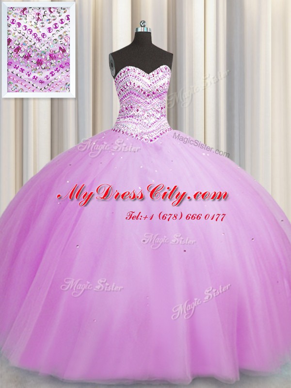 High End Bling-bling Really Puffy Lilac Tulle Lace Up 15 Quinceanera Dress Sleeveless Floor Length Beading