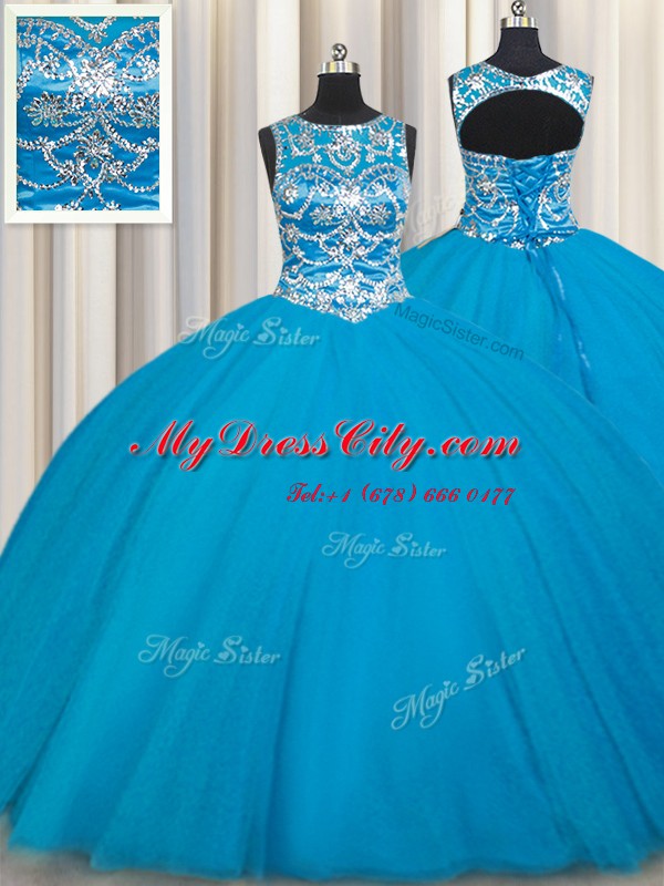 Traditional Scoop Sleeveless Sweet 16 Quinceanera Dress Floor Length Beading Teal Tulle